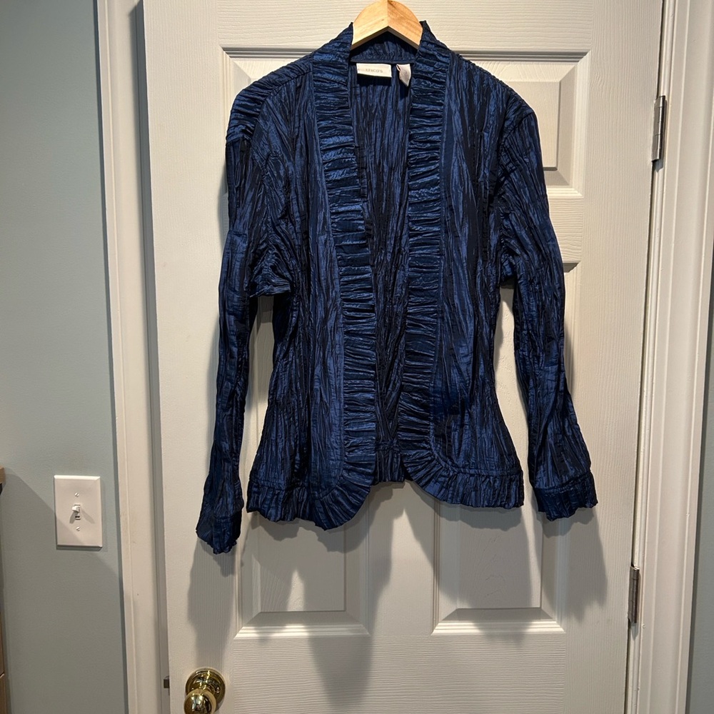Chico’s Royal Ruffle Rea Logan’s Textured Open Cardigan (size 3, XL)